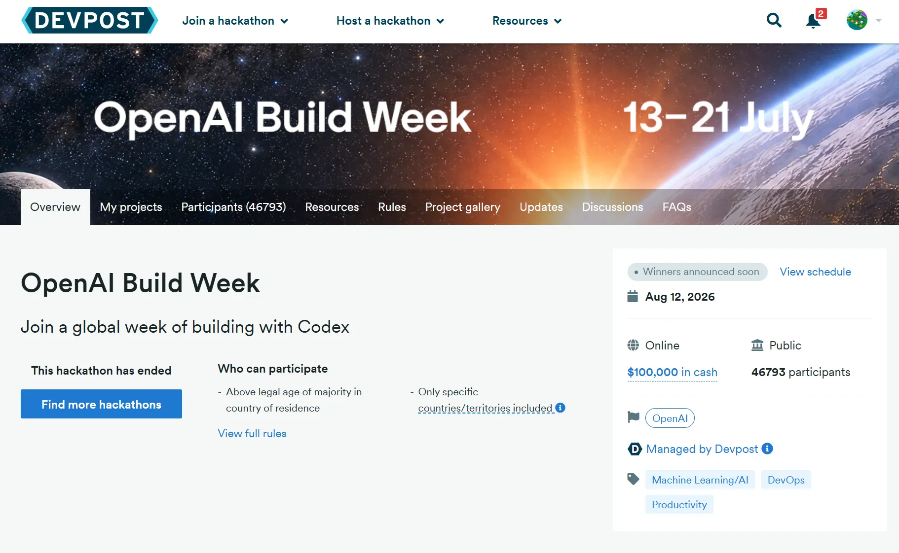 OpenAI Build Week의 행사 기간과 상금, 참가자 수가 표시된 Devpost 대회 페이지